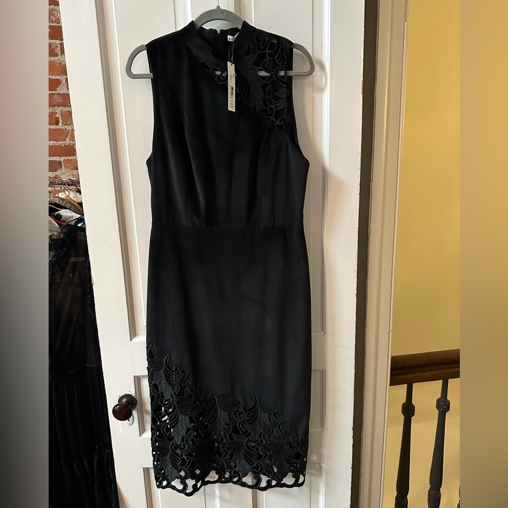 Alice + Olivia Black Midi Dress with Cutout Lace Hem - Picture 3 of 8
